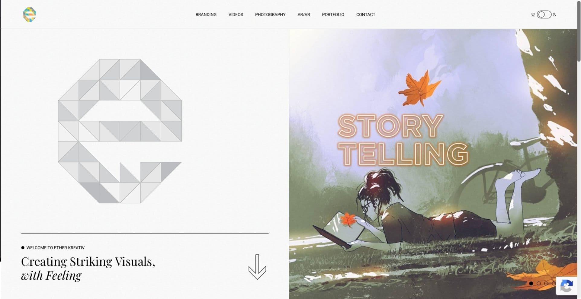 Ether Kreativ website homepage proof screen.