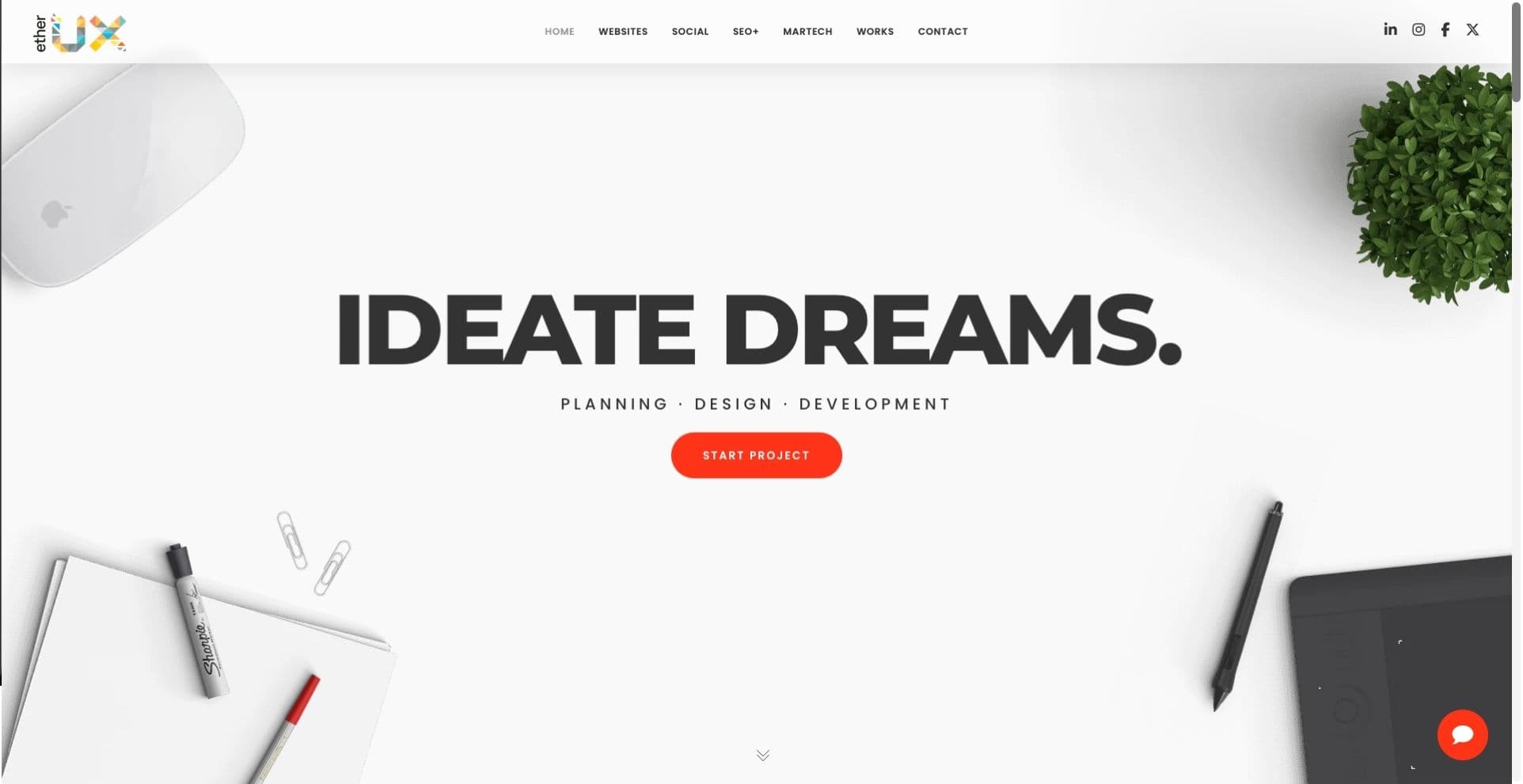 Ether UX website homepage proof screen.