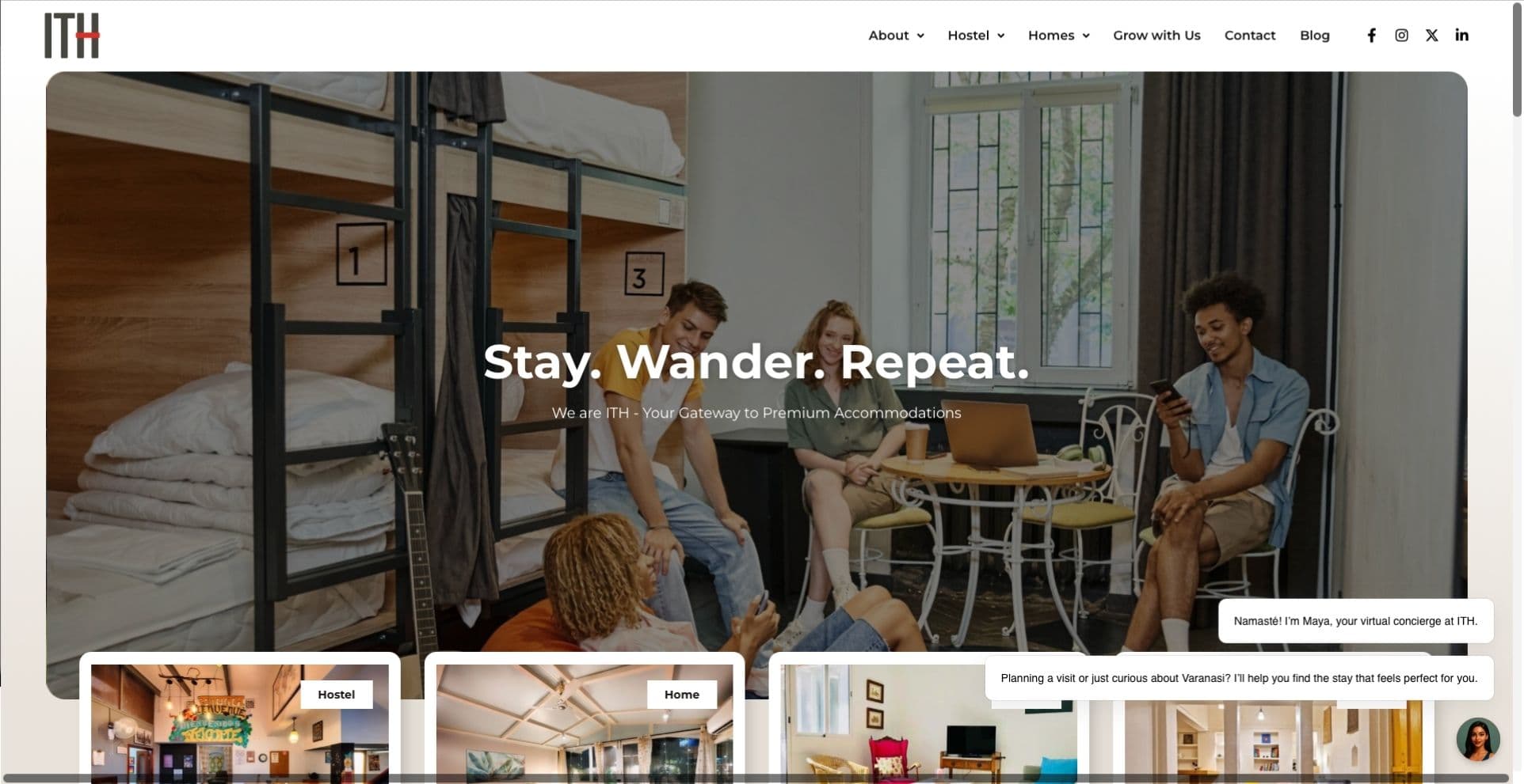 ITH Stays hospitality website homepage proof screen.