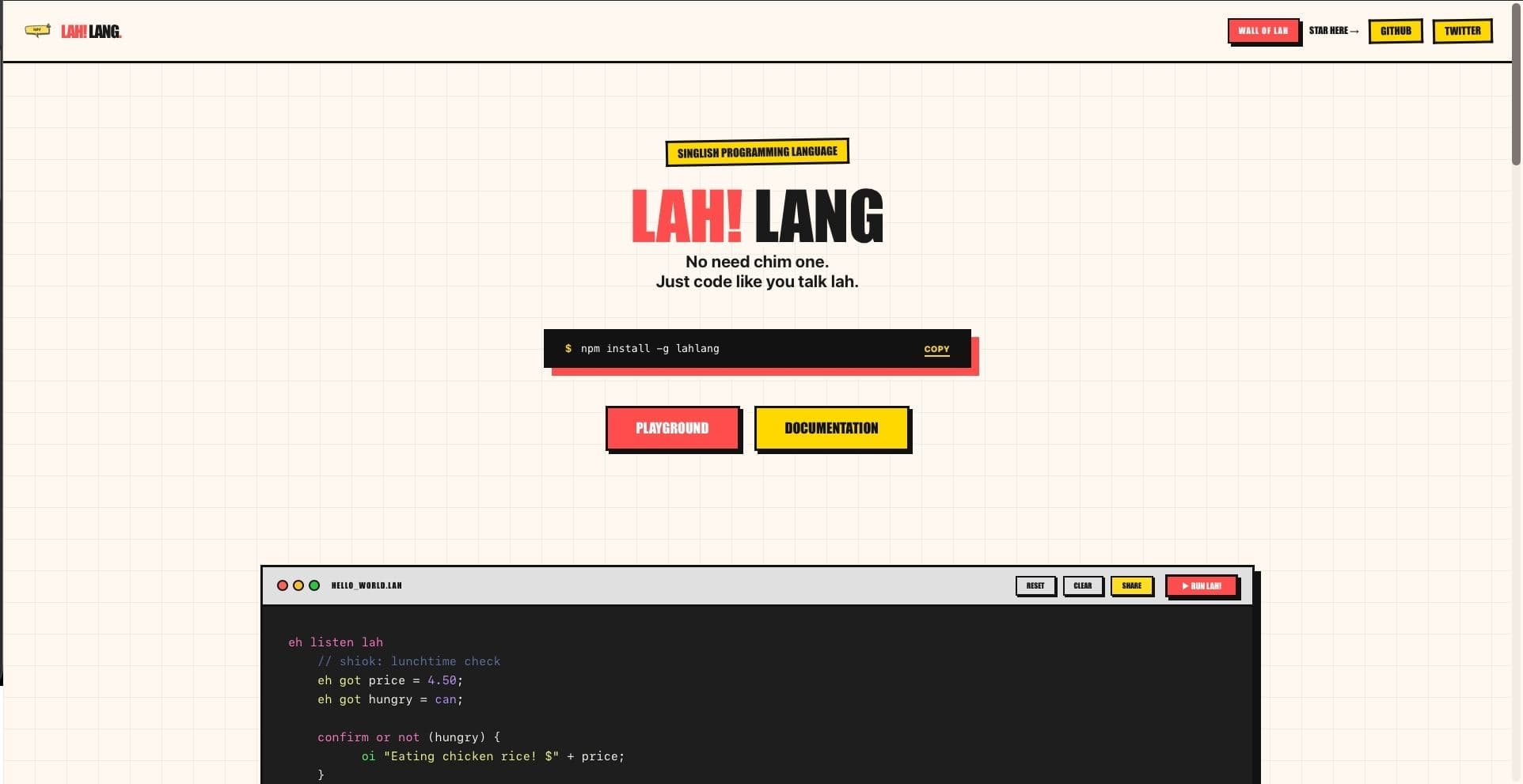 Lahlang programming language website with playground and install command.