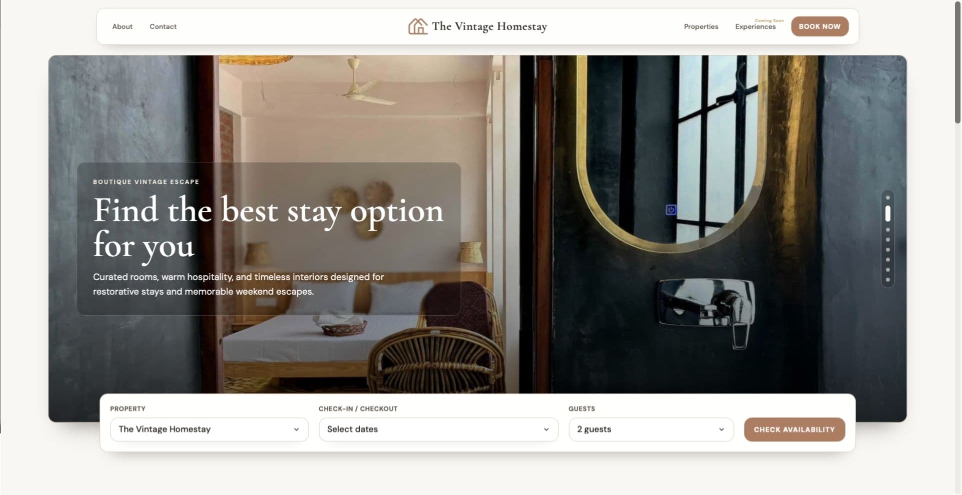 The Vintage Homestay booking website proof screen.